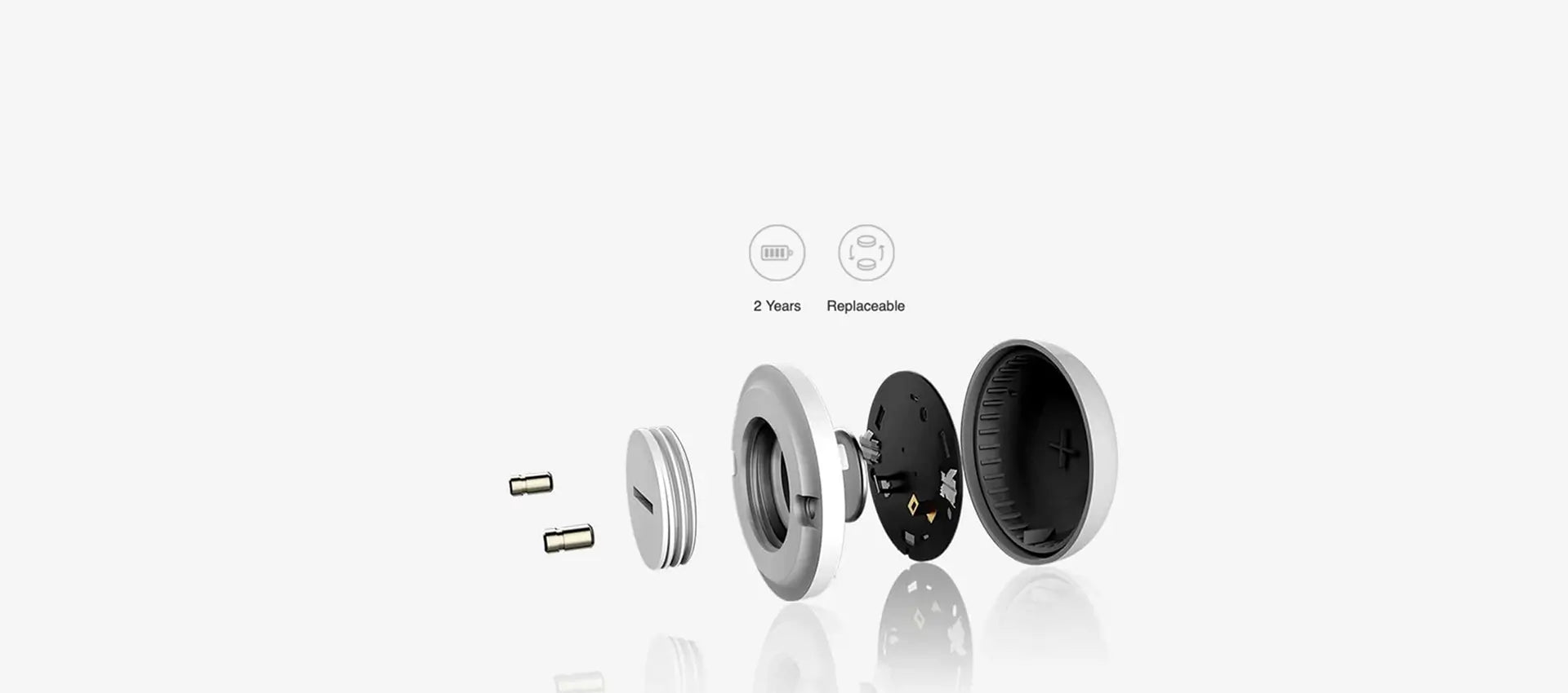 Rozložený pohled na Aqara Water Leak Sensor T1 s baterií CR2032, těsněním, kontaktními elektrodami a krytem