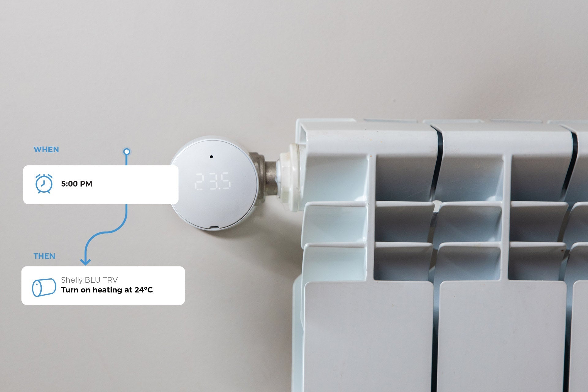 Znázornění automatizace: v 17:00 se termostatická hlavice na radiátoru přepne na vytápění na 24 °C