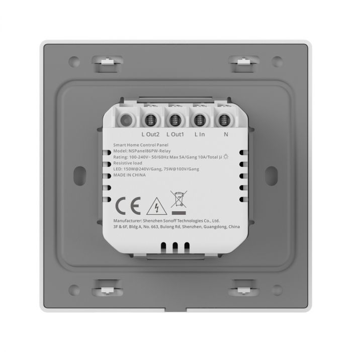 Zadní strana bílého panelu NSPanel Pro Gen2 se svorkami L Out2, L Out1, L In a N a štítkem modelu NSPanel86PW-Relay
