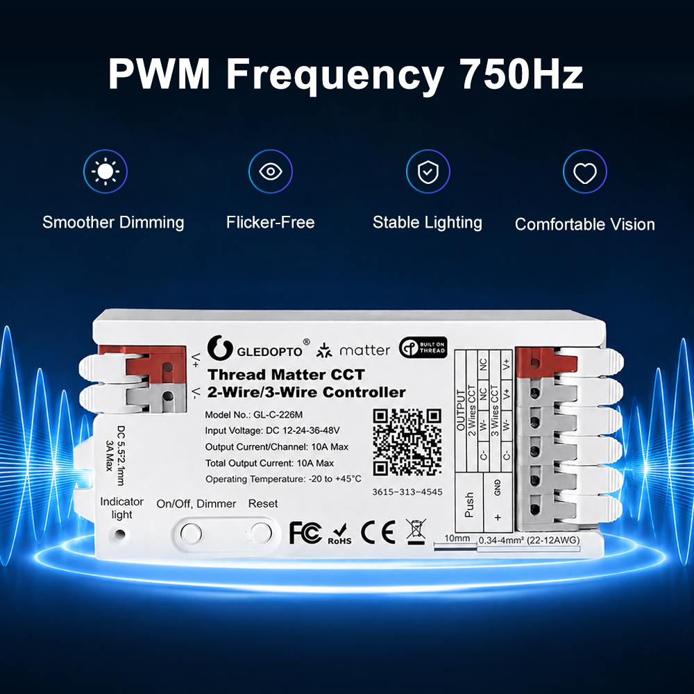 Ovladač Gledopto Thread Matter CCT 2-Wire/3-Wire Controller s popisem PWM frekvence 750 Hz pro plynulé stmívání bez blikání