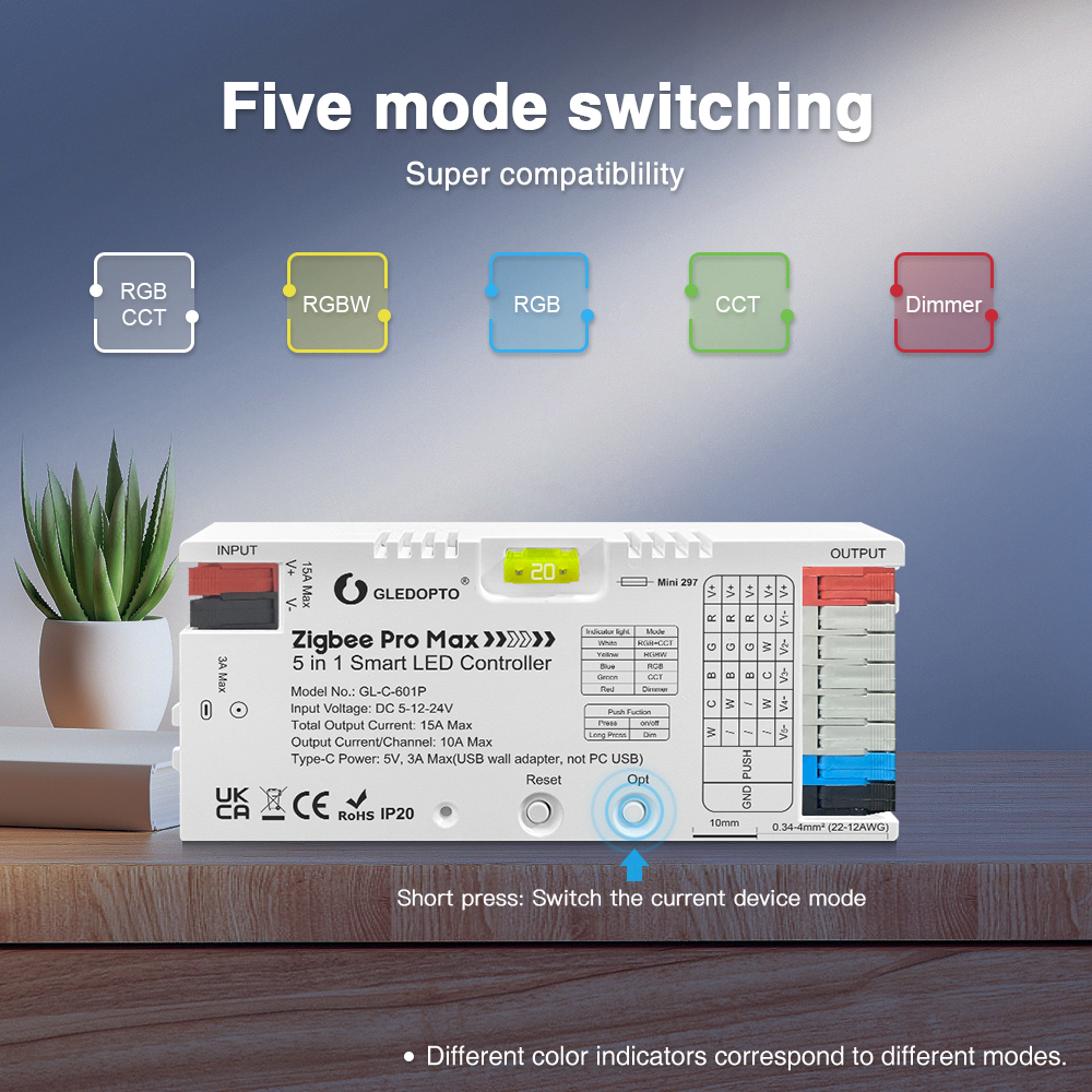 Přepínání pěti režimů RGBCCT, RGBW, RGB, CCT a Dimmer tlačítkem Opt na ovladači Gledopto Zigbee Pro Max