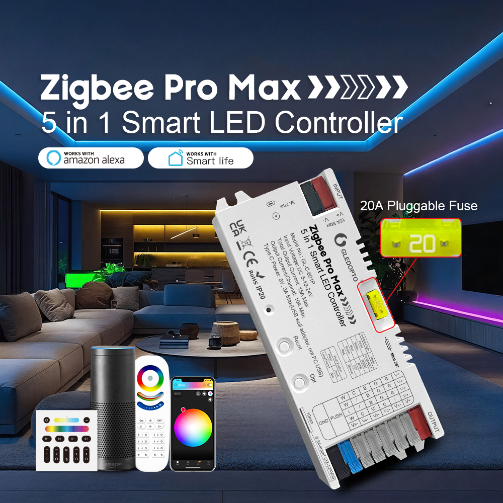 Ovladač Gledopto Zigbee Pro Max 5 in 1 se zvýrazněnou pojistkou 20 A, dálkovými ovladači a aplikací v obývacím pokoji s LED podsvícením