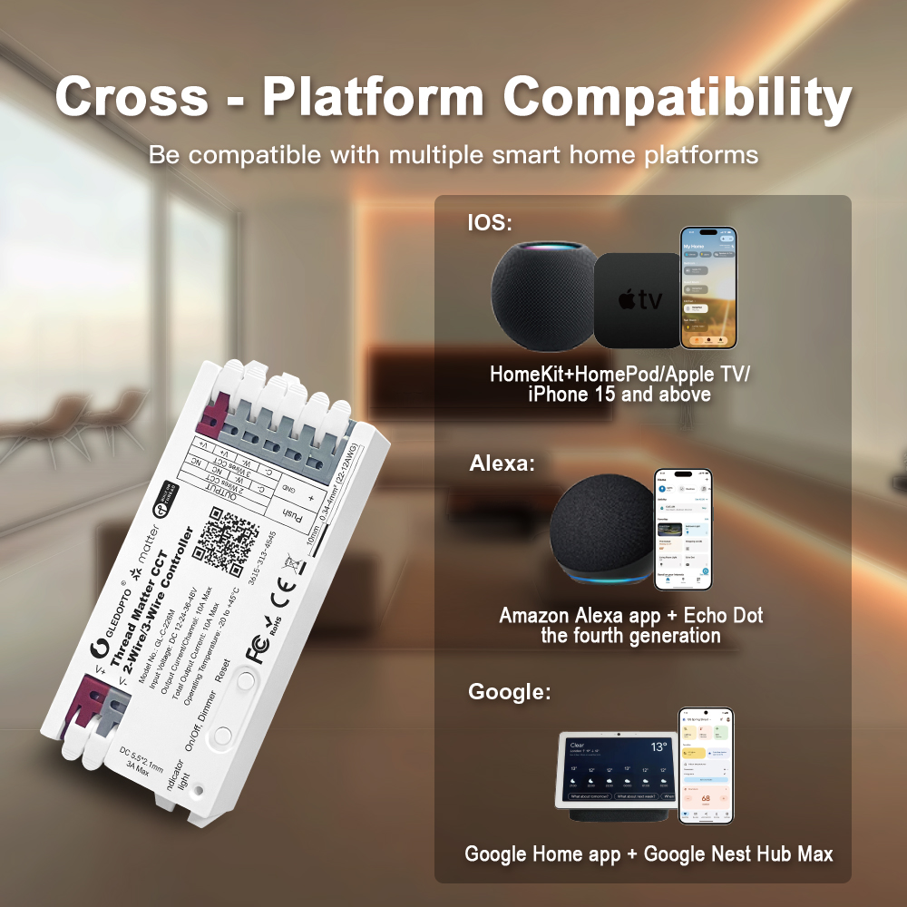 Kompatibilita ovladače Gledopto s Apple Home přes HomePod a Apple TV, Amazon Alexa s Echo Dot a Google Home s Nest Hub Max