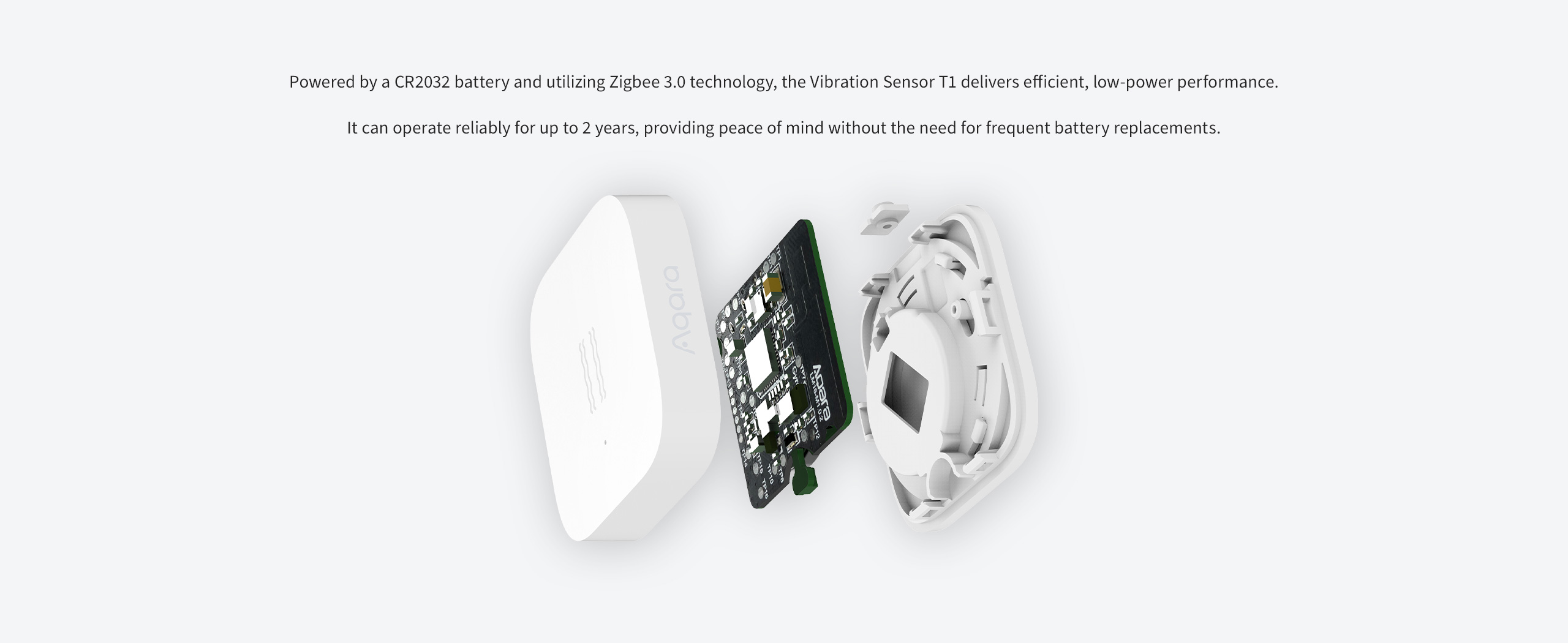 Rozložený pohled na Aqara Vibration Sensor T1 ukazující kryt, desku plošných spojů s akcelerometrem a zadní díl s baterií CR2032
