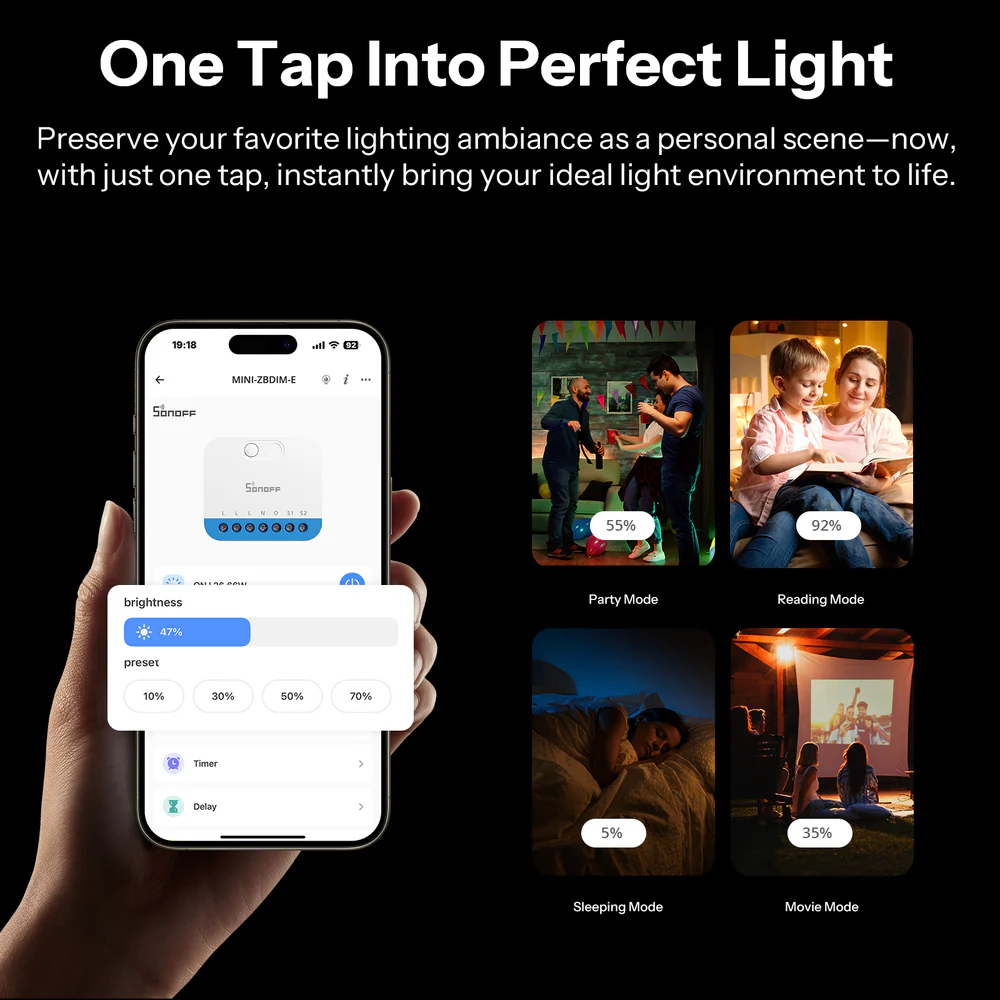 Sonoff Orb-ZBDIM – ilustrace použití stmívání a ovládání jasu