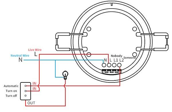 Schéma zapojení radaru s třípolohovým spínačem v režimu automaticky zapnuto a vypnuto přes svorky IN a OUT