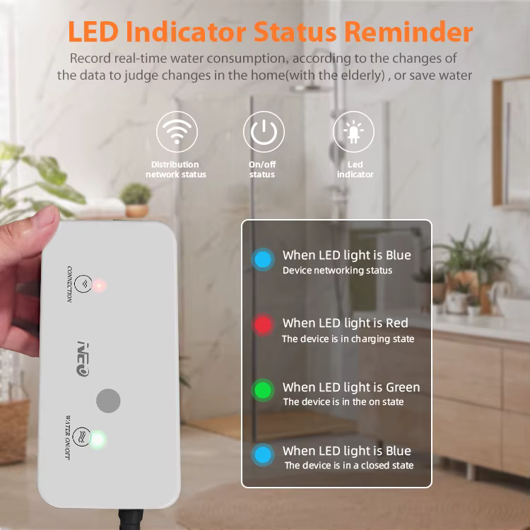 LED indikace stavu ventilu: modrá pro síť a zavřený stav, červená pro nabíjení, zelená pro otevřený ventil
