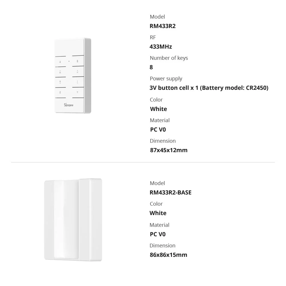 Technické parametry ovladače Sonoff RM433R2 a základny RM433R2-BASE