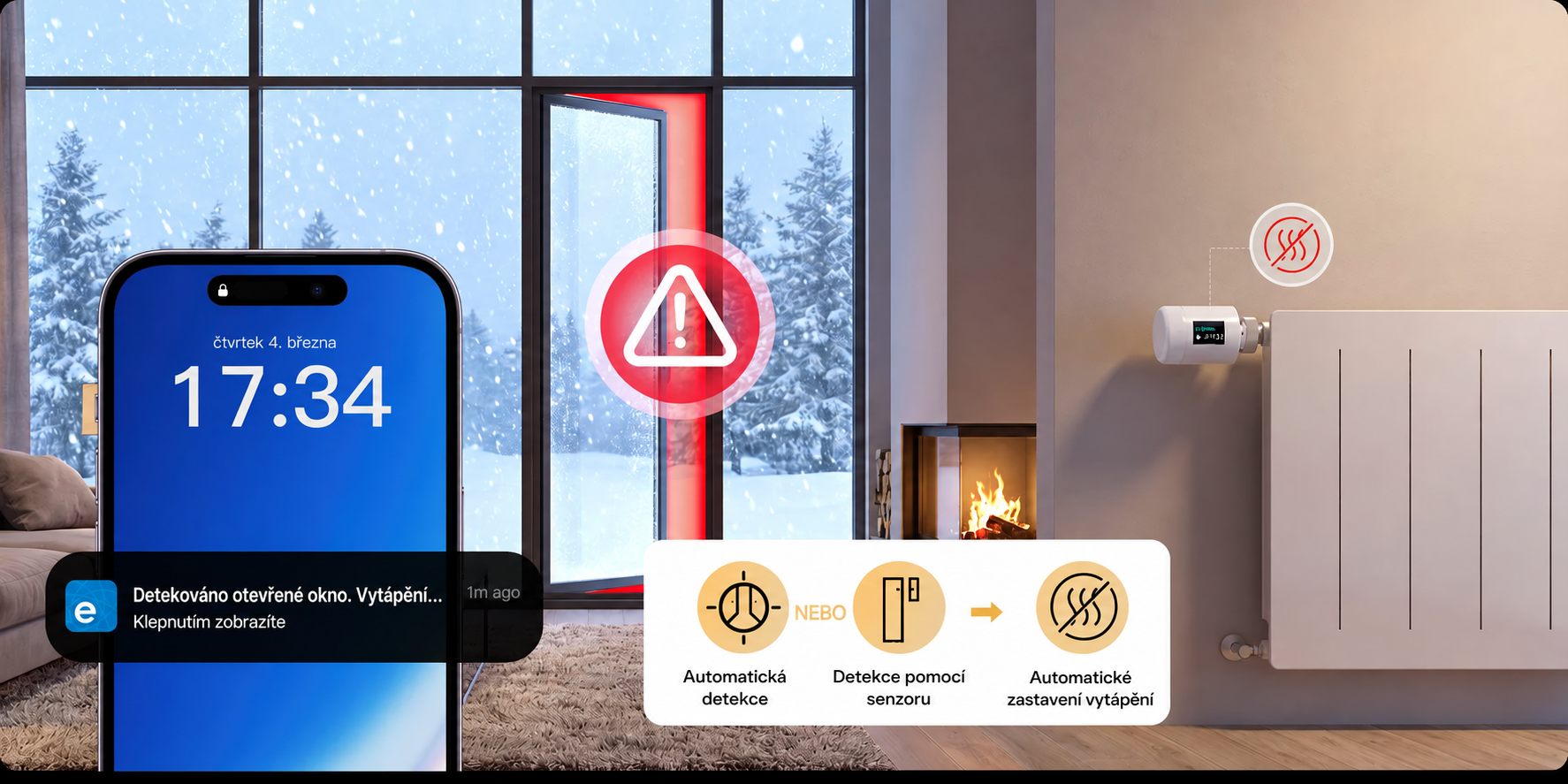 Detekce otevřeného okna: notifikace v telefonu a automatické zastavení vytápění radiátoru po otevření okna