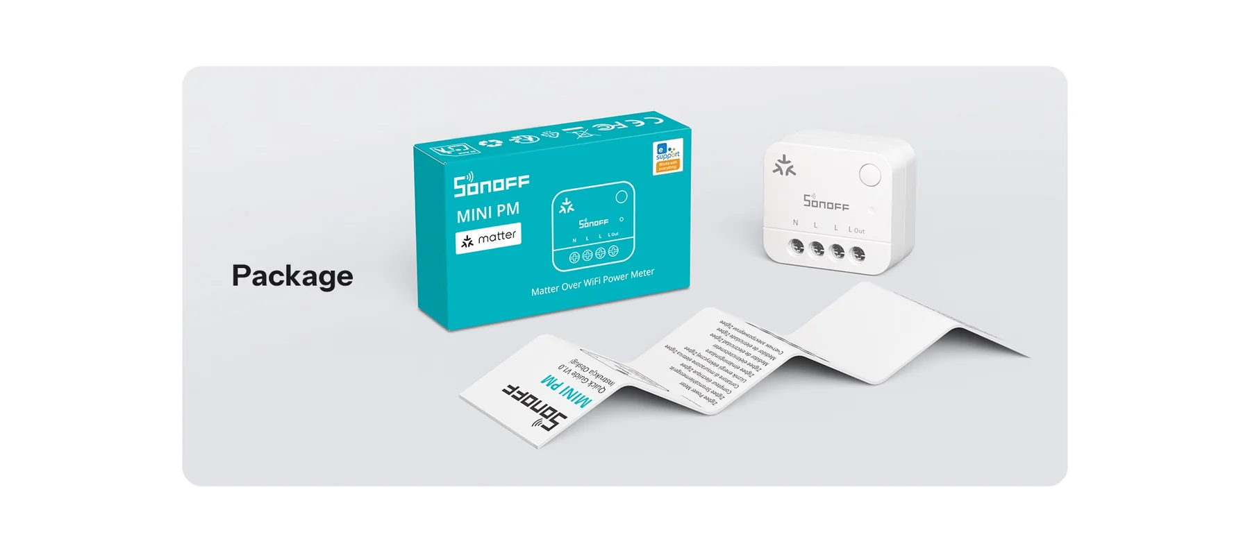 Balení Sonoff MINI PM Matter Over WiFi Power Meter s modulem MINI-1GP a skládaným stručným návodem