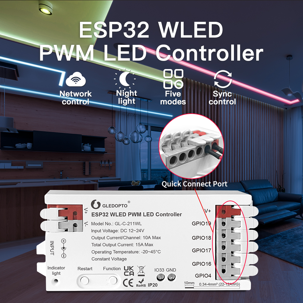 Gledopto GL-C-211WL detail napájecího konektoru a svorkovnice pro LED pásek