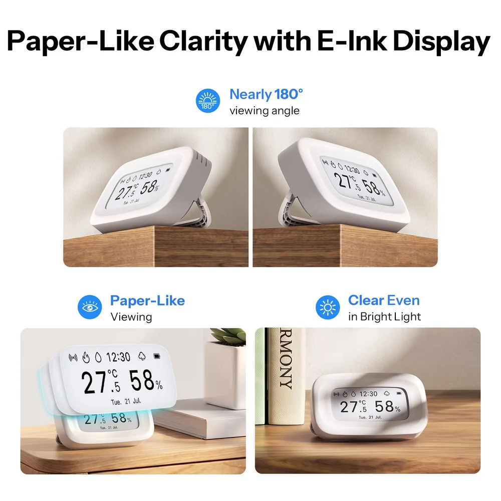 E-Ink displej senzoru SNZB-02UL při pohledu z boku a na jasném světle na poličce