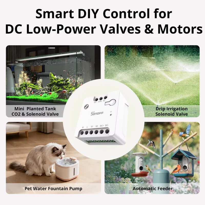 Ovládání nízkonapěťových DC ventilů a motorů: CO2 ventil v akváriu, kapková závlaha, čerpadlo pítka a automatické krmítko