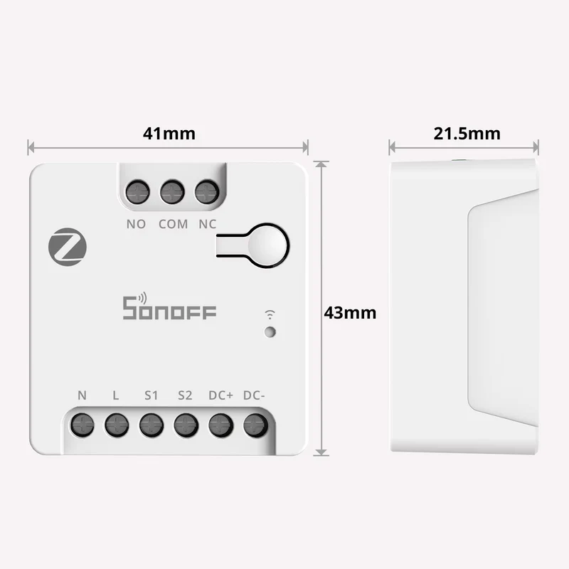 Rozměry modulu MINI-ZBD 41 × 43 × 21,5 mm a rozmístění svorek NO COM NC a N L S1 S2 DC+ DC-