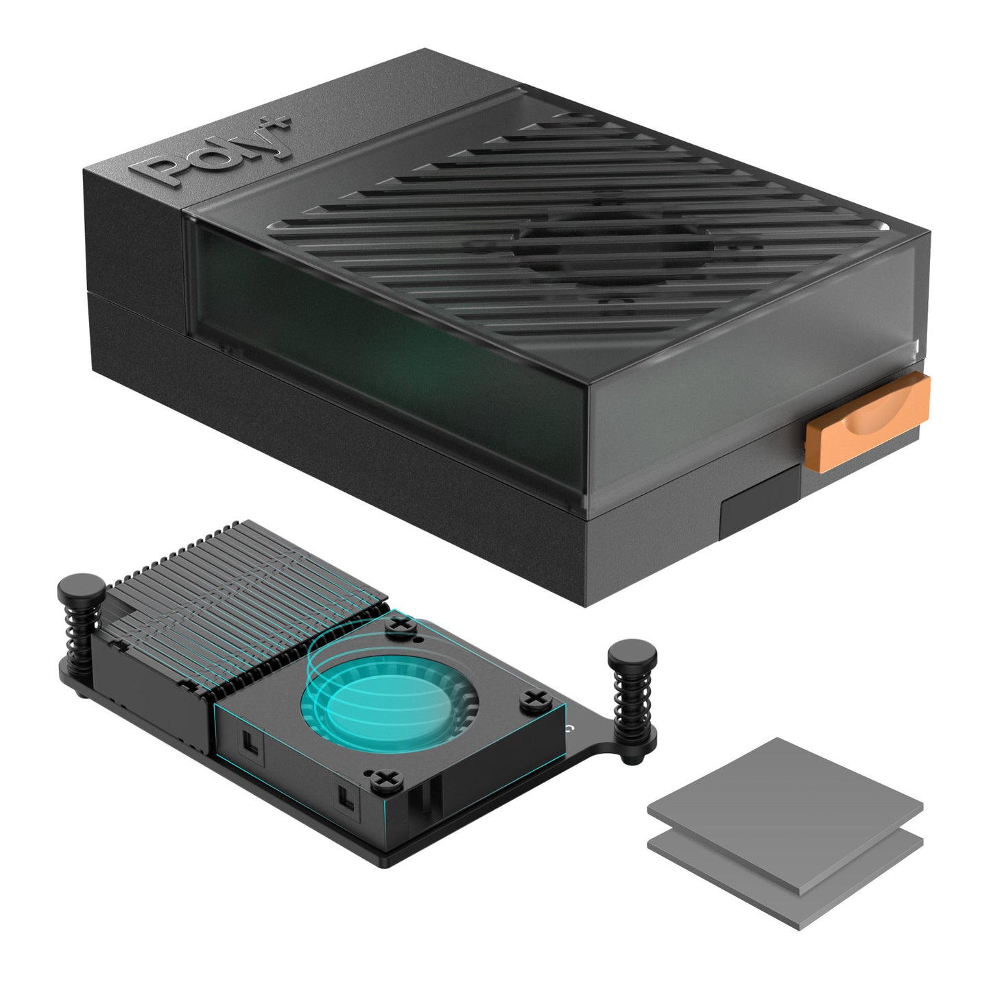 Argon Poly+ 5 Case THRML 30mm Active Cooler – celkový pohled na černé plastové pouzdro pro Raspberry Pi 5