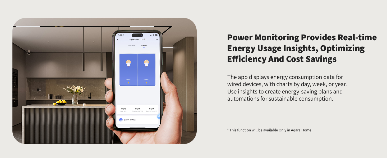 Aplikace Aqara Home na telefonu zobrazuje spotřebu energie pro Switch 1 a Switch 2 a denní, měsíční a aktuální odběr u Display Switch V1