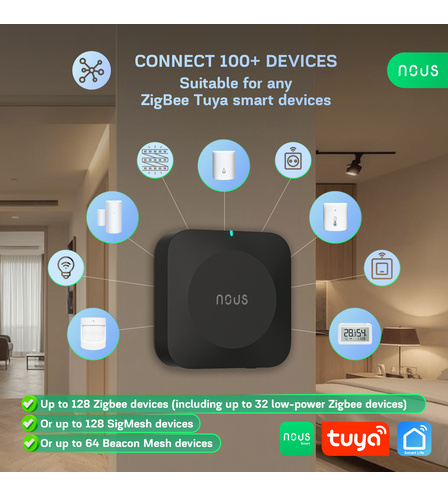 Brána Nous E15 propojená se Zigbee senzory, zásuvkou, žárovkou a teploměrem s kapacitou až 128 Zigbee, 128 SigMesh nebo 64 Beacon Mesh zařízení
