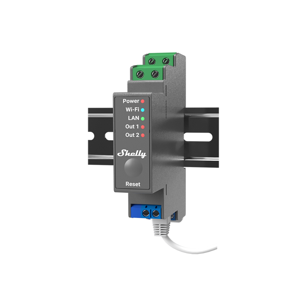 Shelly Pro 2 na DIN liště s připojeným ethernetovým kabelem, čelní panel s LED Power, Wi-Fi, LAN, Out 1 a Out 2