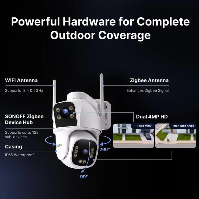 Popis hardwaru kamery CAM-C44HE: Wi-Fi a Zigbee anténa, dva objektivy 4 MPx, otáčení 260° a 90°, krytí IP65