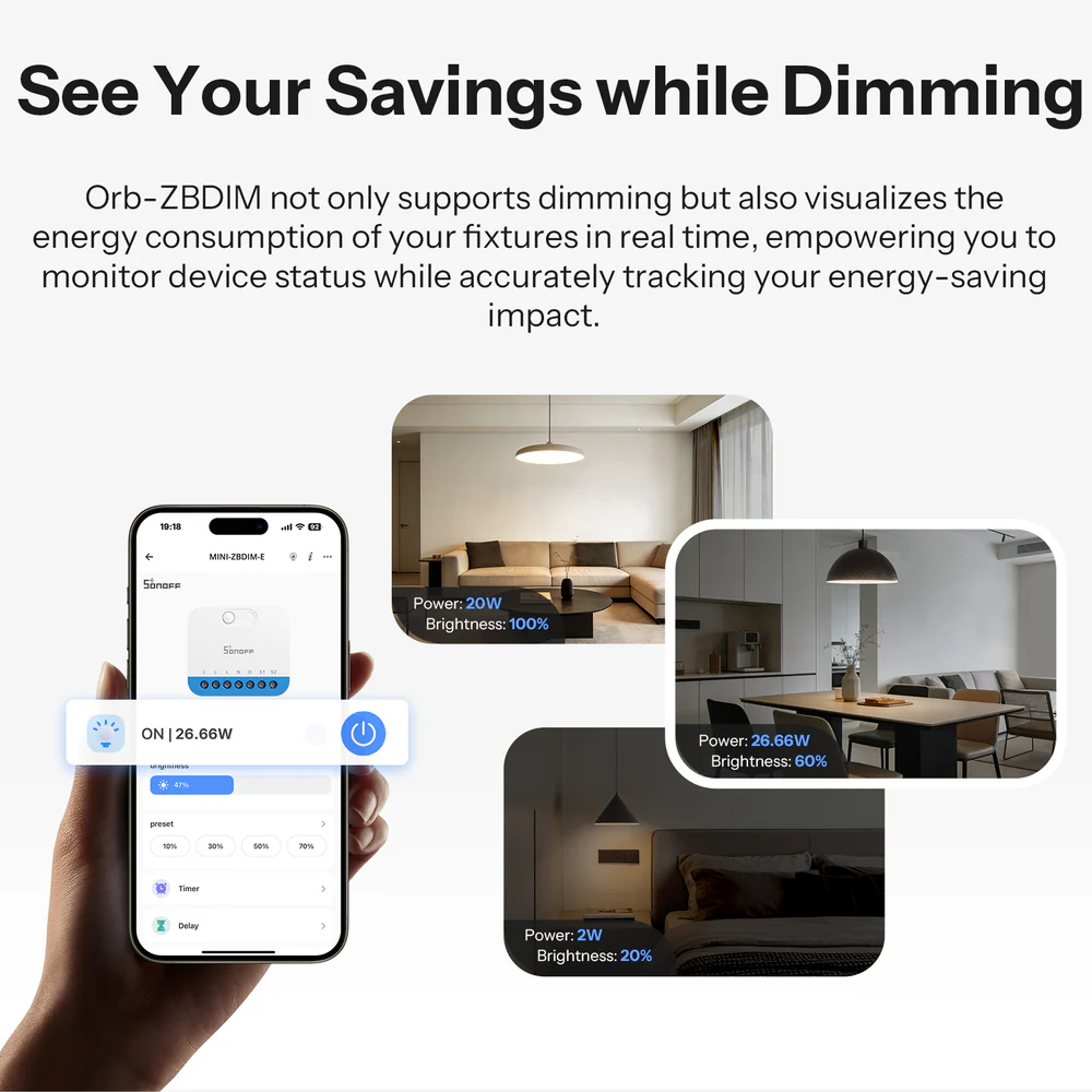 Sonoff Orb-ZBDIM – detail ovládání (zapnutí/vypnutí, zvýšení a snížení jasu)