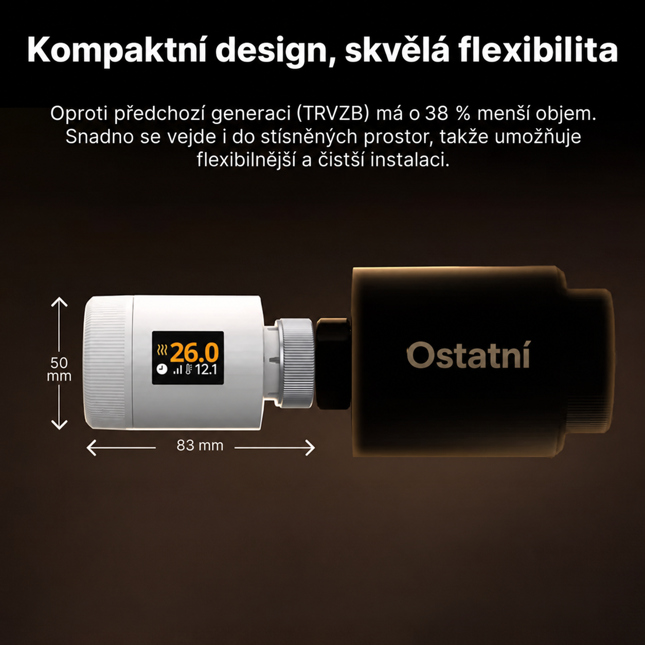 Porovnání velikosti hlavice TRV-ZBT s rozměry 50 a 83 mm proti objemnější konkurenční hlavici