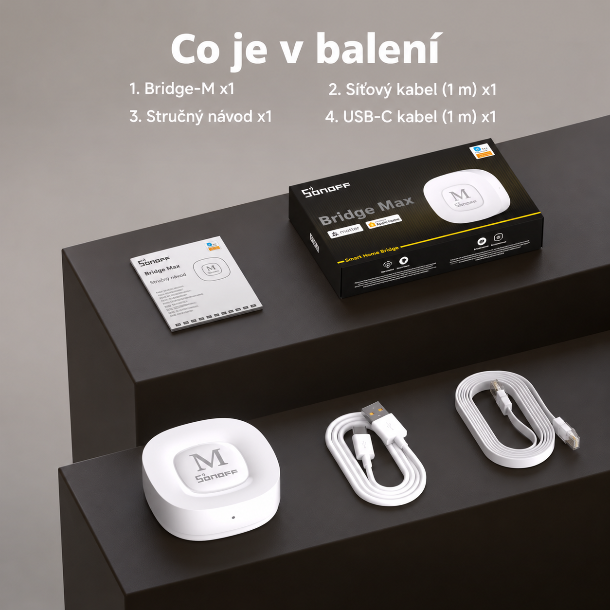Obsah balení Bridge Max: brána, síťový kabel, kabel USB-C, stručný návod a krabice
