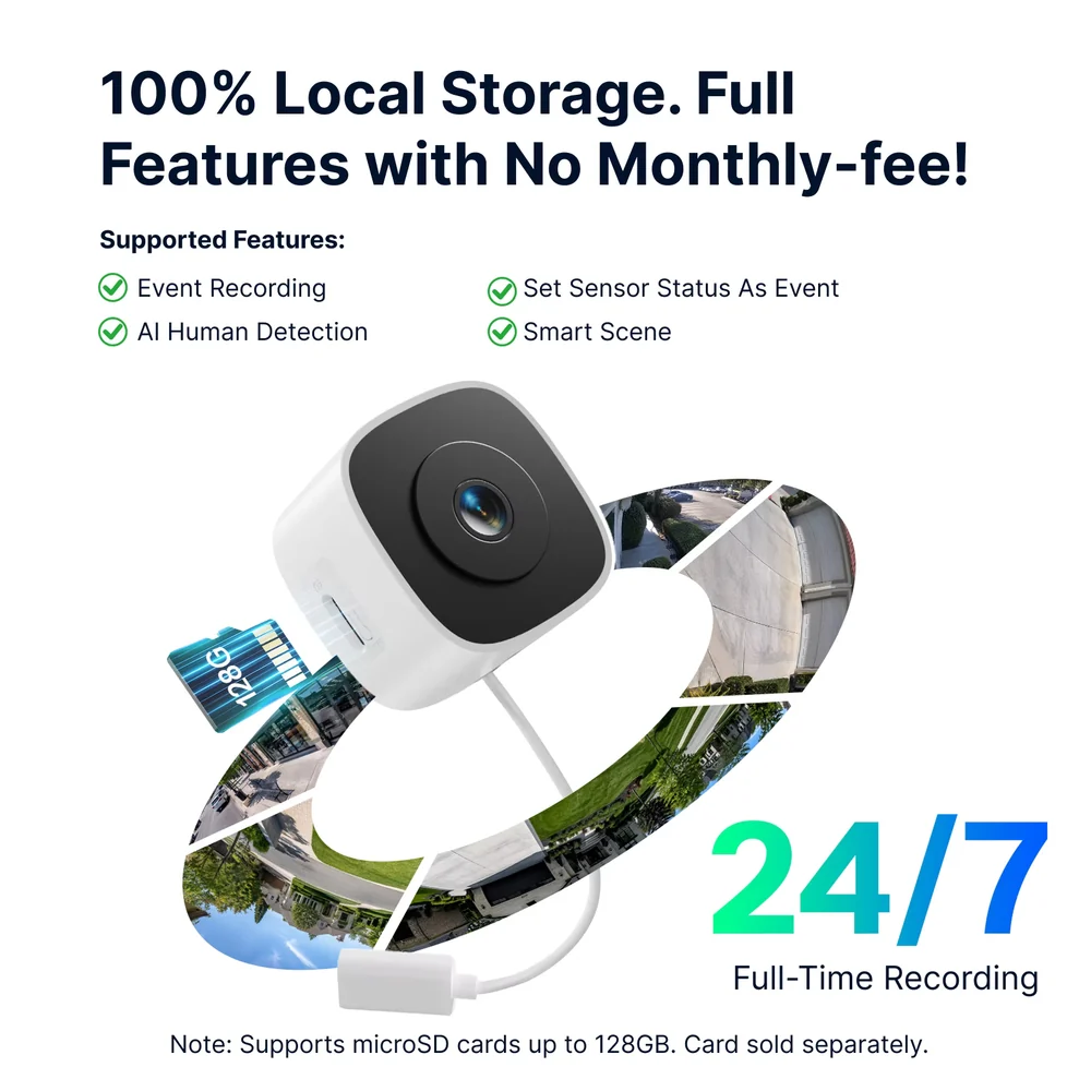 Kamera CAM-S3W s microSD kartou 128 GB pro nepřetržitý lokální záznam a podporované funkce bez předplatného