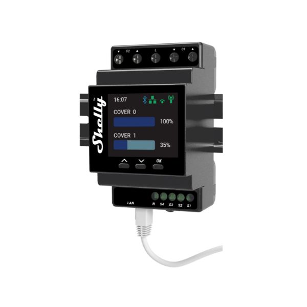 Shelly Pro Dual Cover Shutter PM zapojení pro dva roletové motory a vstupy S1 až S4