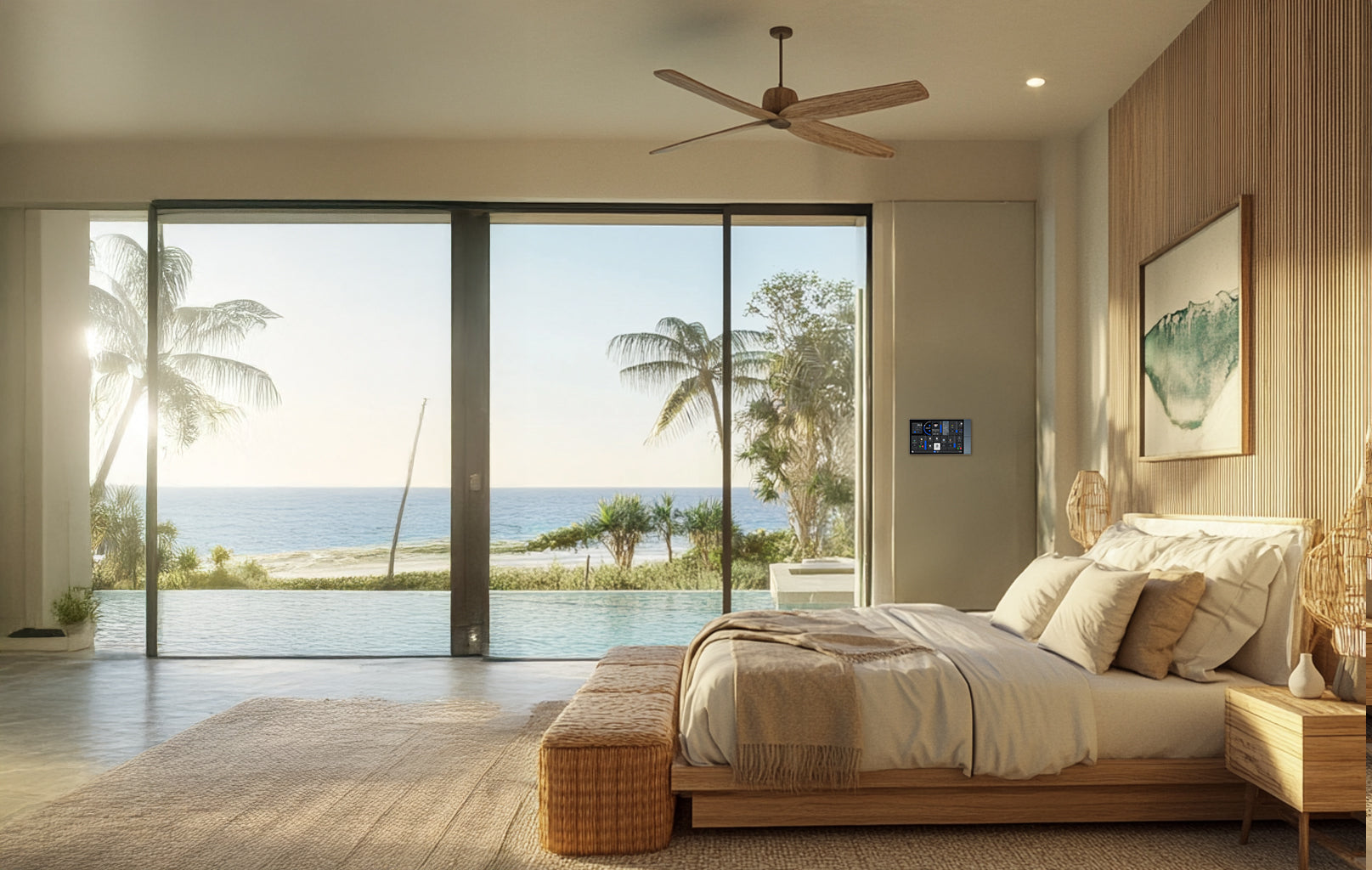 Nástěnný panel Shelly Wall Display XL instalovaný ve stěně prostorné ložnice s prosklenou stěnou, stropním ventilátorem a výhledem na moře