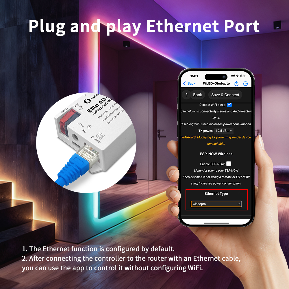 Kabel Ethernet zapojený do kontroléru a nastavení WLED v telefonu s volbou Ethernet Type Gledopto
