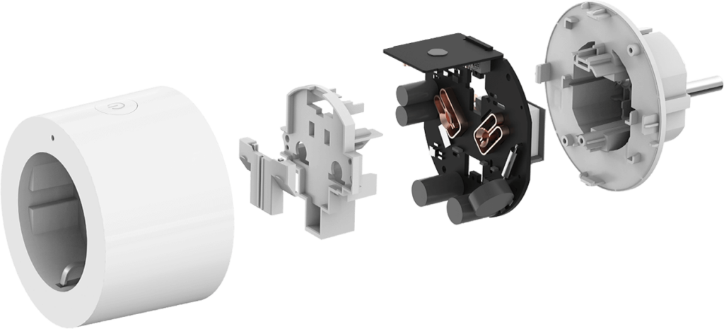 Rozložený pohled na vnitřní konstrukci zásuvky Aqara Smart Plug s měděnými kontakty a ohnivzdorným pouzdrem