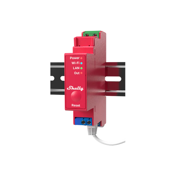 Shelly Pro 1PM na DIN liště s připojeným ethernetovým kabelem, čelní panel s LED Power, Wi-Fi, LAN a Out