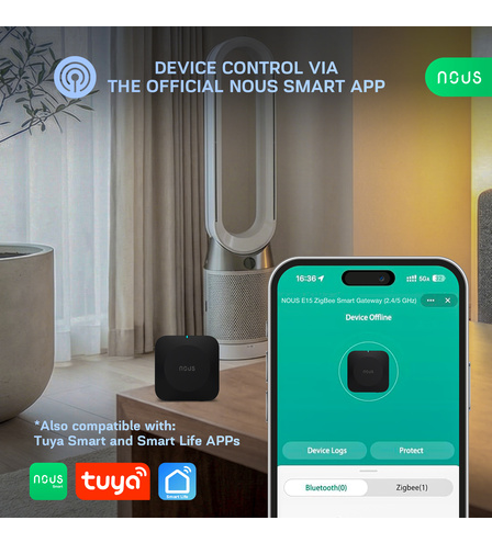 Aplikace Nous Smart Home s detailem brány Nous E15 a přehledem připojených Bluetooth a Zigbee zařízení