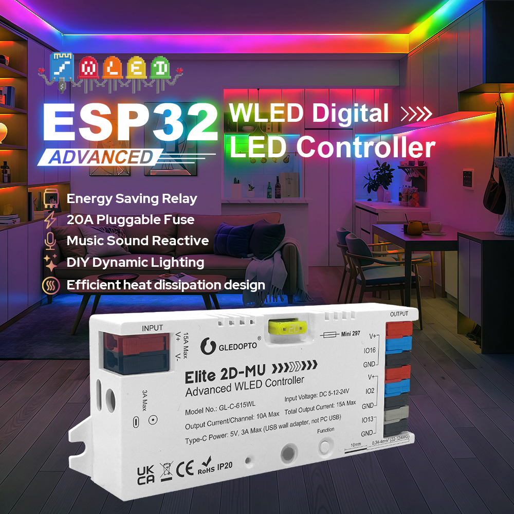 WLED kontrolér Gledopto Elite 2D-MU na pozadí kuchyně a obývacího pokoje s barevnými digitálními LED pásky