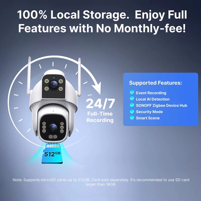 Kamera CAM-C44HE s microSD kartou 512 GB pro nepřetržitý lokální záznam a seznam podporovaných funkcí