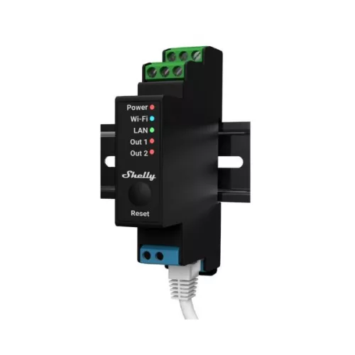 Černý modul Shelly Pro 2PM na DIN liště s připojeným ethernetovým kabelem, čelní panel s LED Power, Wi-Fi, LAN, Out 1 a Out 2