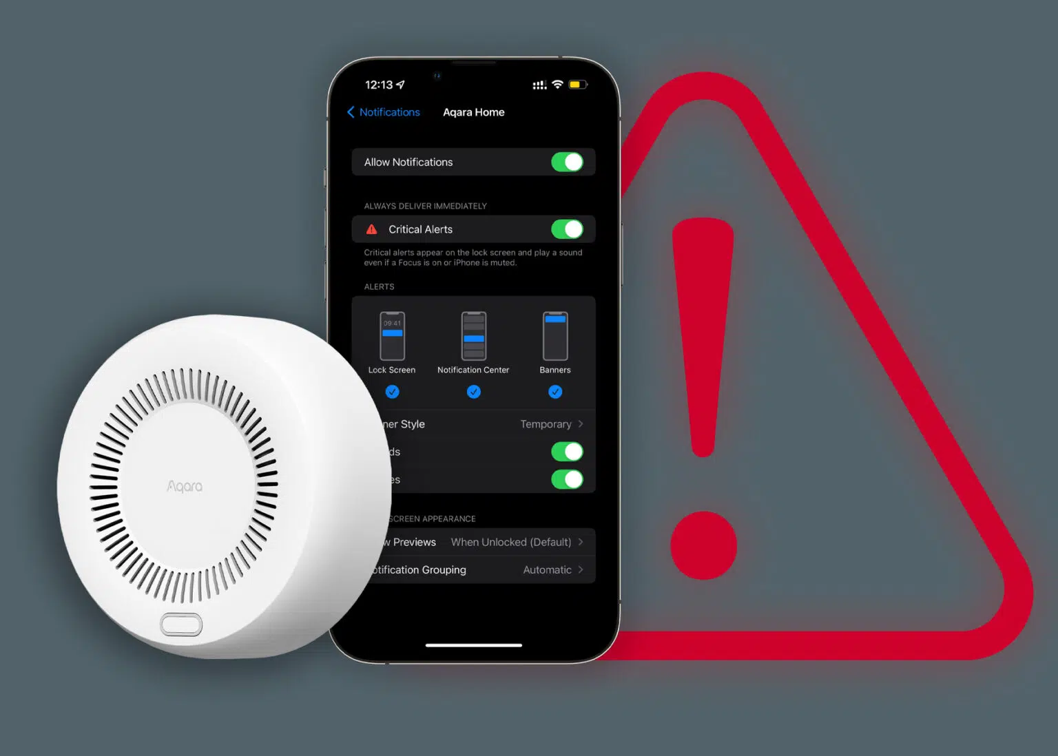 Kouřový hlásič vedle telefonu s nastavením kritických upozornění pro aplikaci Aqara Home a výstražným symbolem