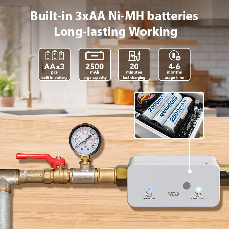 Vestavěné tři akumulátory AA Ni-MH 2500 mAh uvnitř ventilu, nainstalovaného na potrubí s manometrem