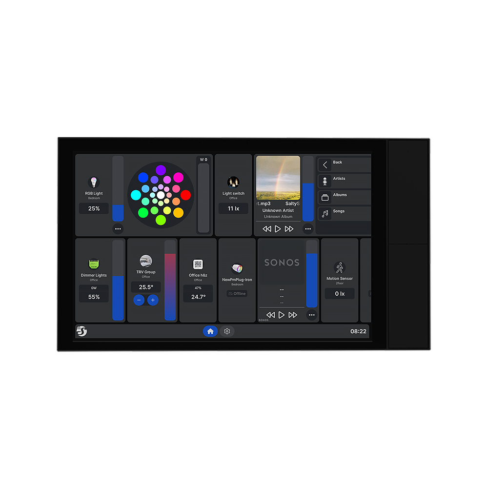 Čelní pohled na černý panel Shelly Wall Display XL s obrazovkou obsahující barevnou paletu pro RGB osvětlení, přehrávač hudby a ovládání Sonos