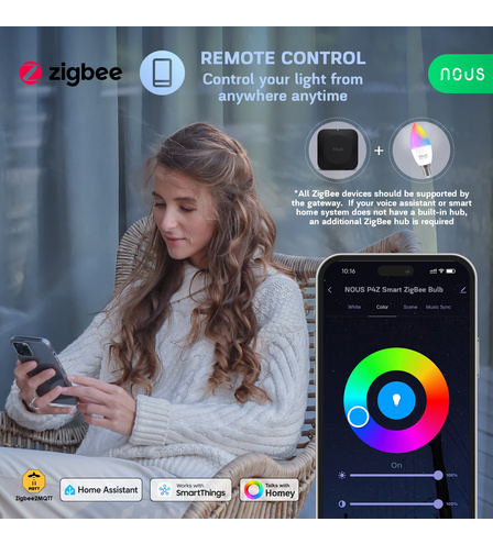 Ovládání barvy žárovky Nous P4Z na barevném kole v mobilní aplikaci a Zigbee brána potřebná pro připojení