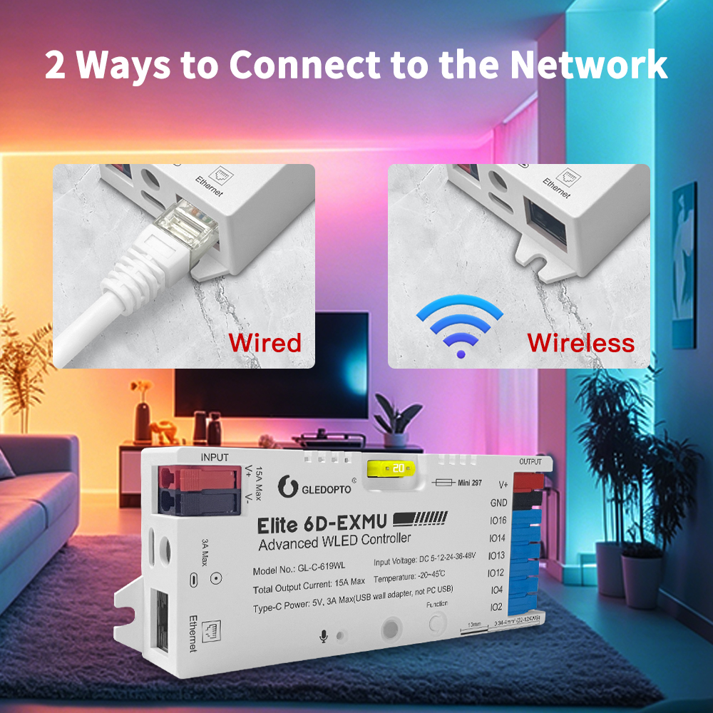 Dva způsoby připojení kontroléru Gledopto Elite 6D-EXMU do sítě: kabelem Ethernet a přes Wi-Fi