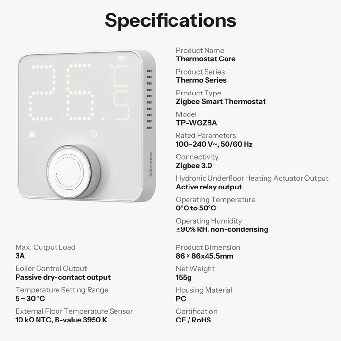 Přehled technických specifikací termostatu Sonoff Thermostat Core TP-WGZBA