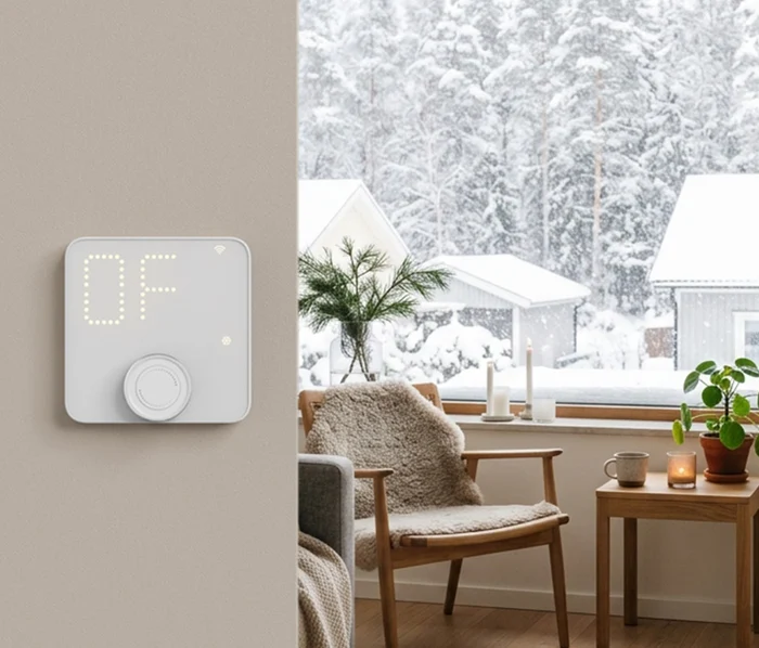 Termostat Sonoff Thermostat Core na stěně v obývacím pokoji v zimě se zobrazeným protizámrzovým režimem
