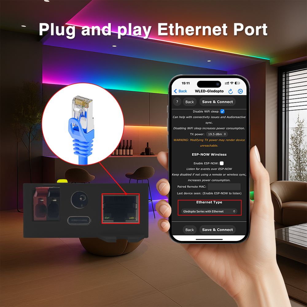 Port Ethernet na černém kontroléru s detailem konektoru RJ45 a nastavení WLED v telefonu s volbou Ethernet Type a sekcí ESP-NOW
