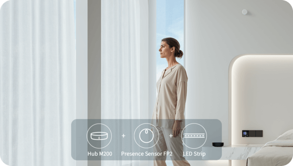 Automatizace ambientního osvětlení s Hub M200, senzorem přítomnosti FP2 a LED pásem v ložnici