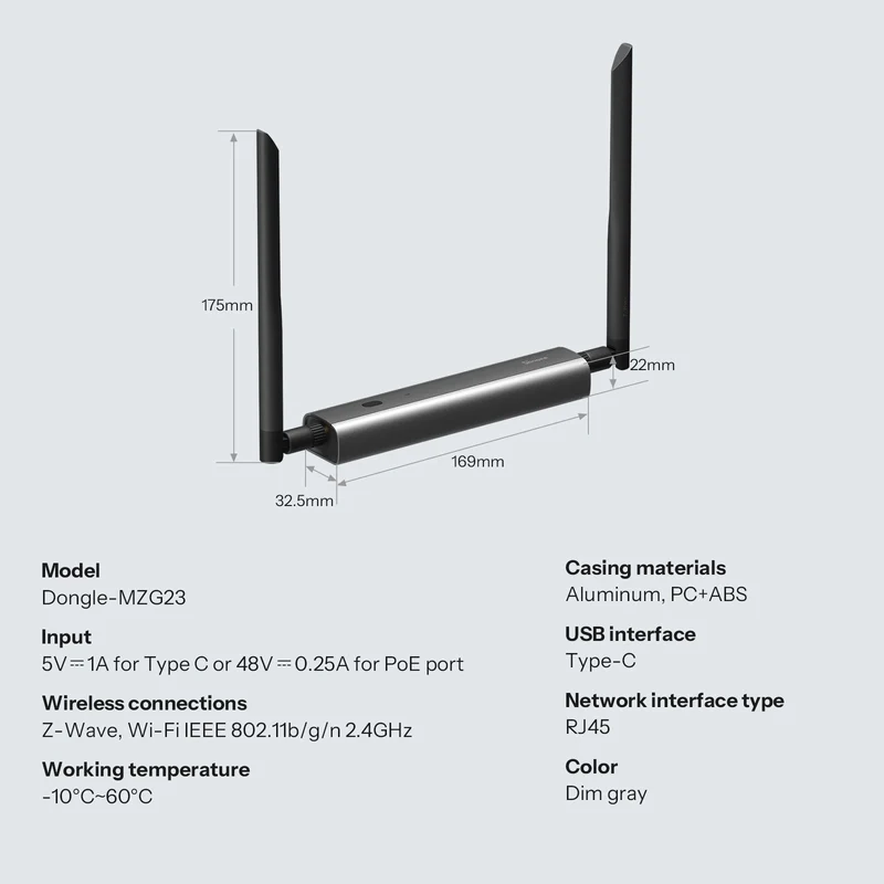 Rozměrové schéma Dongle-MZG23 s délkou těla 169 mm a výškou s anténami 175 mm a přehledem připojení