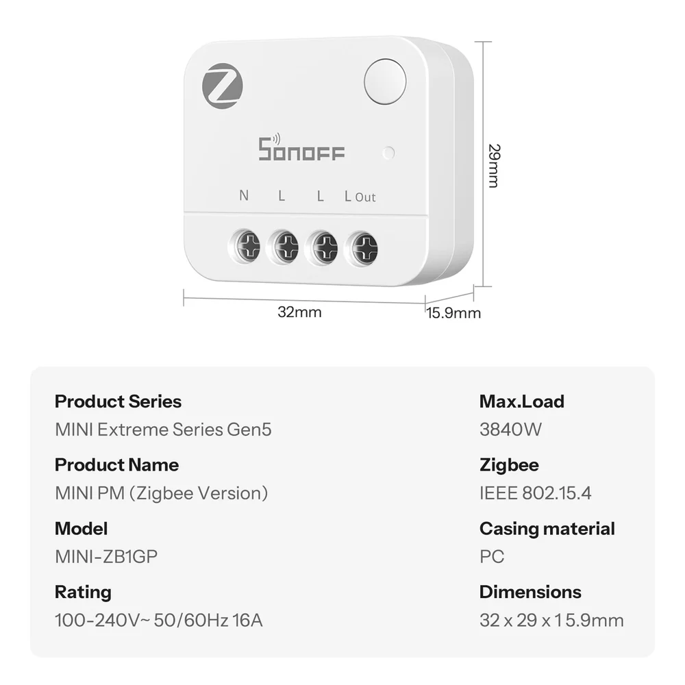 Rozměrové schéma a specifikace MINI-ZB1GP: 32 × 29 × 15,9 mm, 16 A, 100–240 V, měřicí rozsah do 3840 W a Zigbee