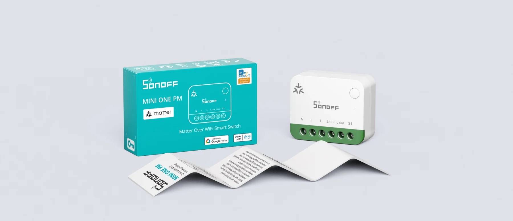 Balení Sonoff MINI ONE PM Matter Over WiFi Smart Switch s modulem MINI-1GSP a skládaným stručným návodem
