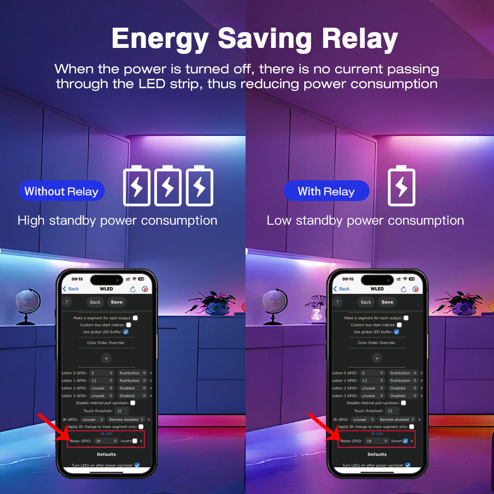 Porovnání klidové spotřeby LED pásku bez relé a s relé a nastavení Relay GPIO 18 ve WLED v telefonu
