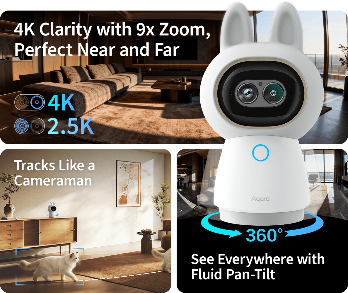 Kamera Aqara G350 s dvojitým objektivem 4K a 2,5K, 9× zoomem, AI sledováním a 360° pan-tilt natáčením